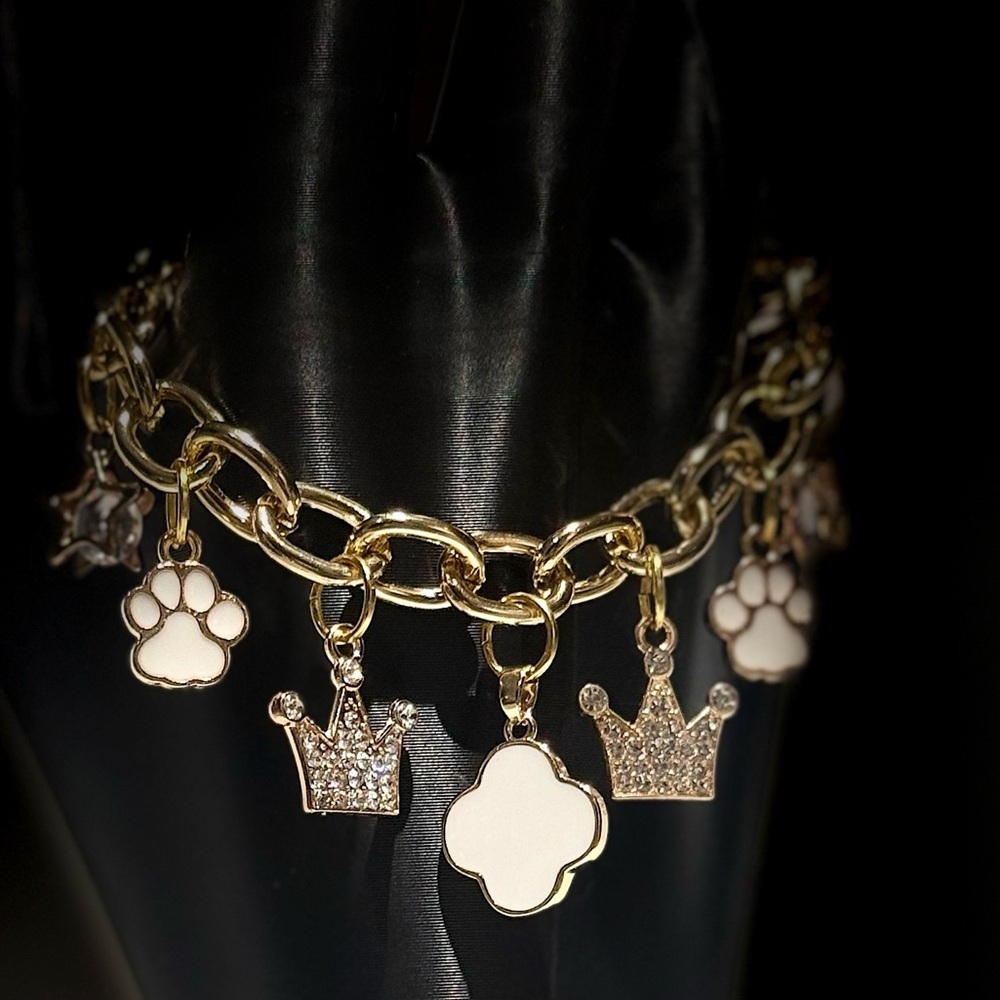 Gold Crown and Paw Charm Bracelet
